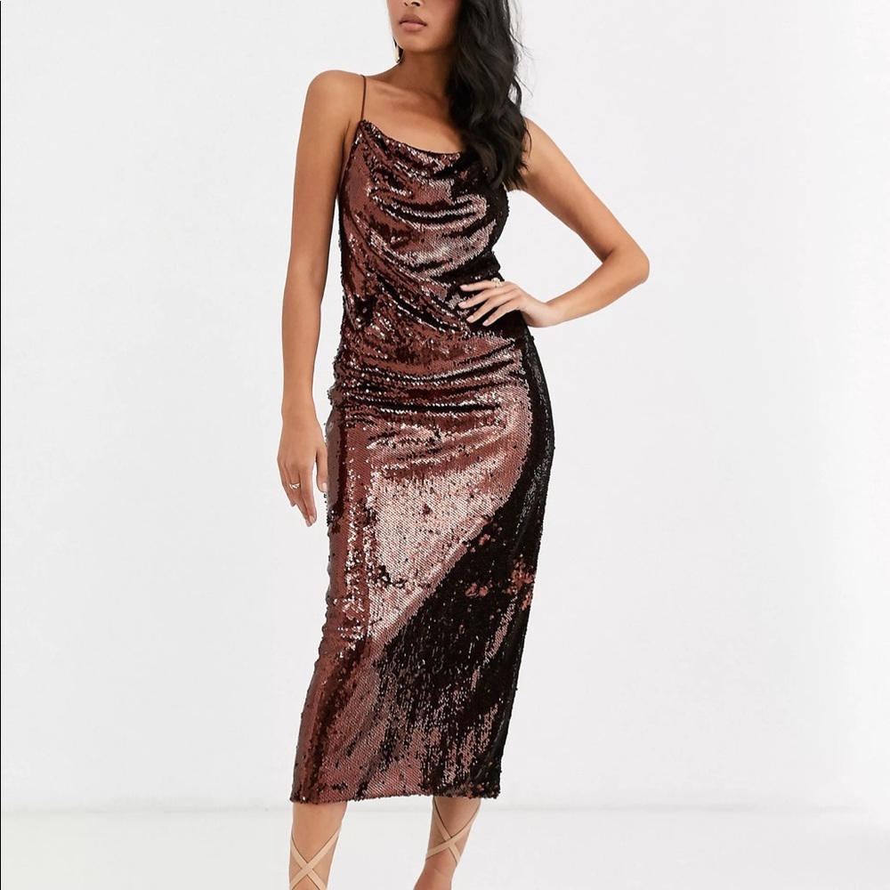 ASOS Brown Sequin cowl neck midi cami dress GREAT CONDITION
